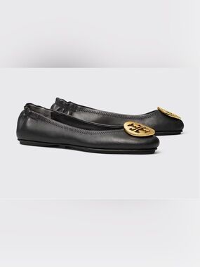 Tory Burch Minnie Travel Ballet Flats Black Leather with Gold Logo Sz: 5 1/2- 6